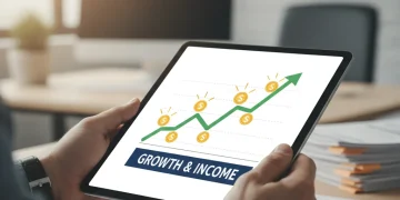 Hands holding tablet with dividend growth stock chart