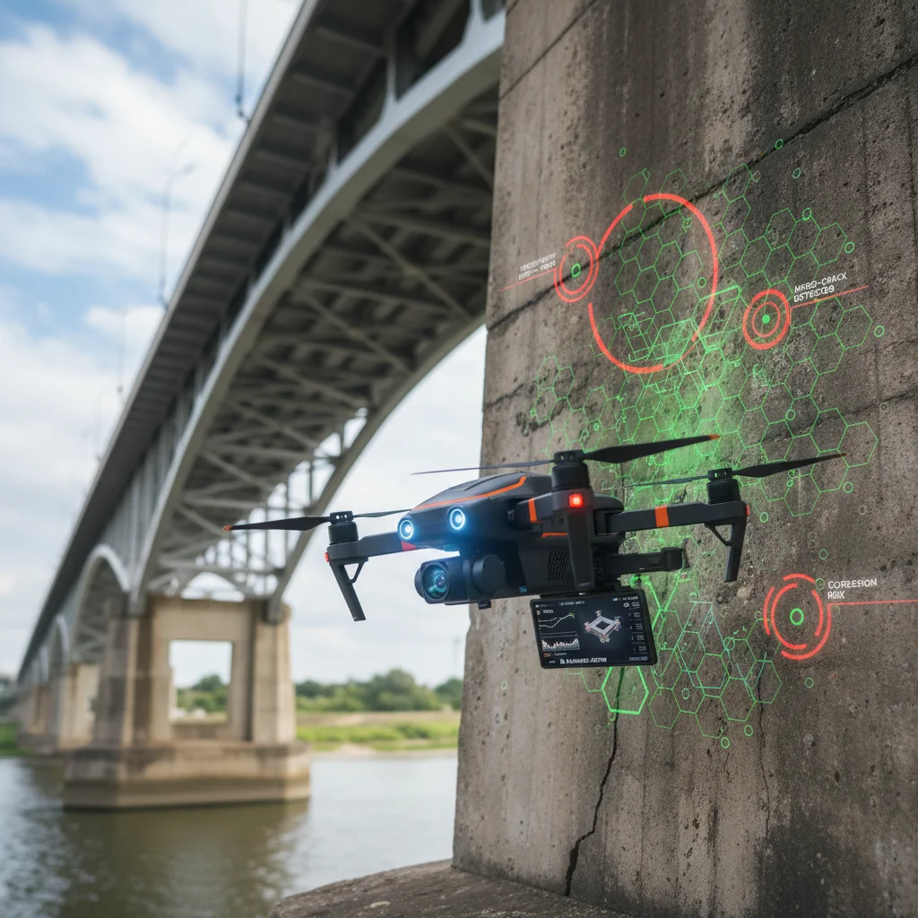 Drone performing AI-powered inspection on a bridge structure.