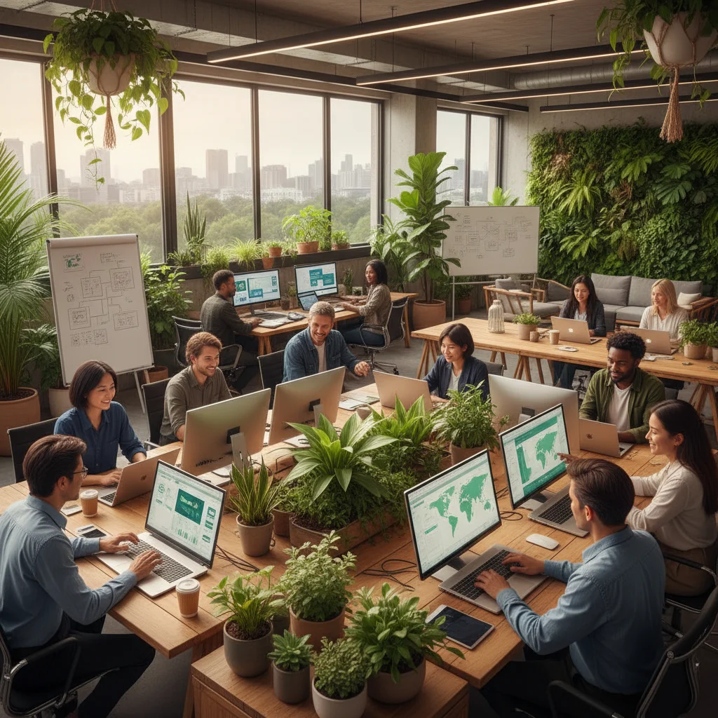 Professionals collaborating in an eco-friendly office with sustainable tech
