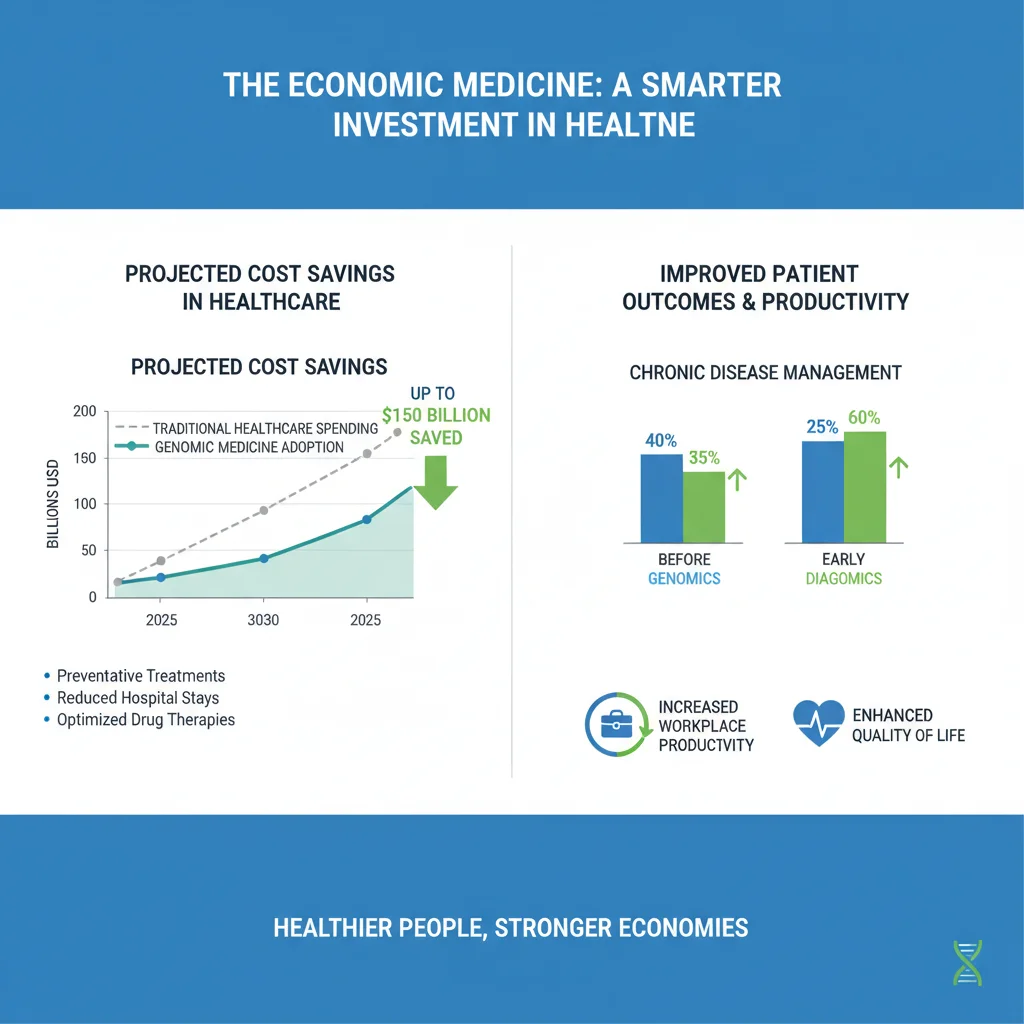 Infographic showing economic impact and cost savings from genomic medicine in healthcare.