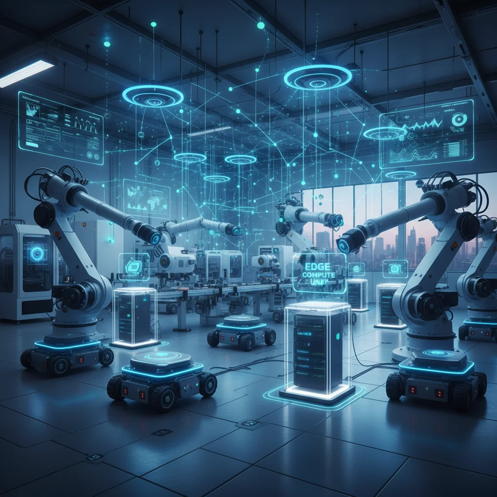 Edge computing applications in smart manufacturing, showing connected devices and real-time data processing for efficiency.