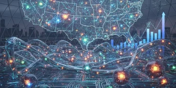 Illustration of Edge Computing infrastructure in the U.S. showing network connections and data flow, symbolizing growth and technological advancement.