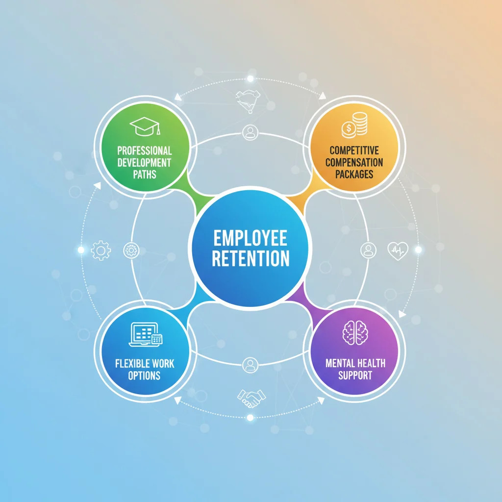 Infographic detailing comprehensive employee retention strategies: development, flexibility, compensation, and well-being.