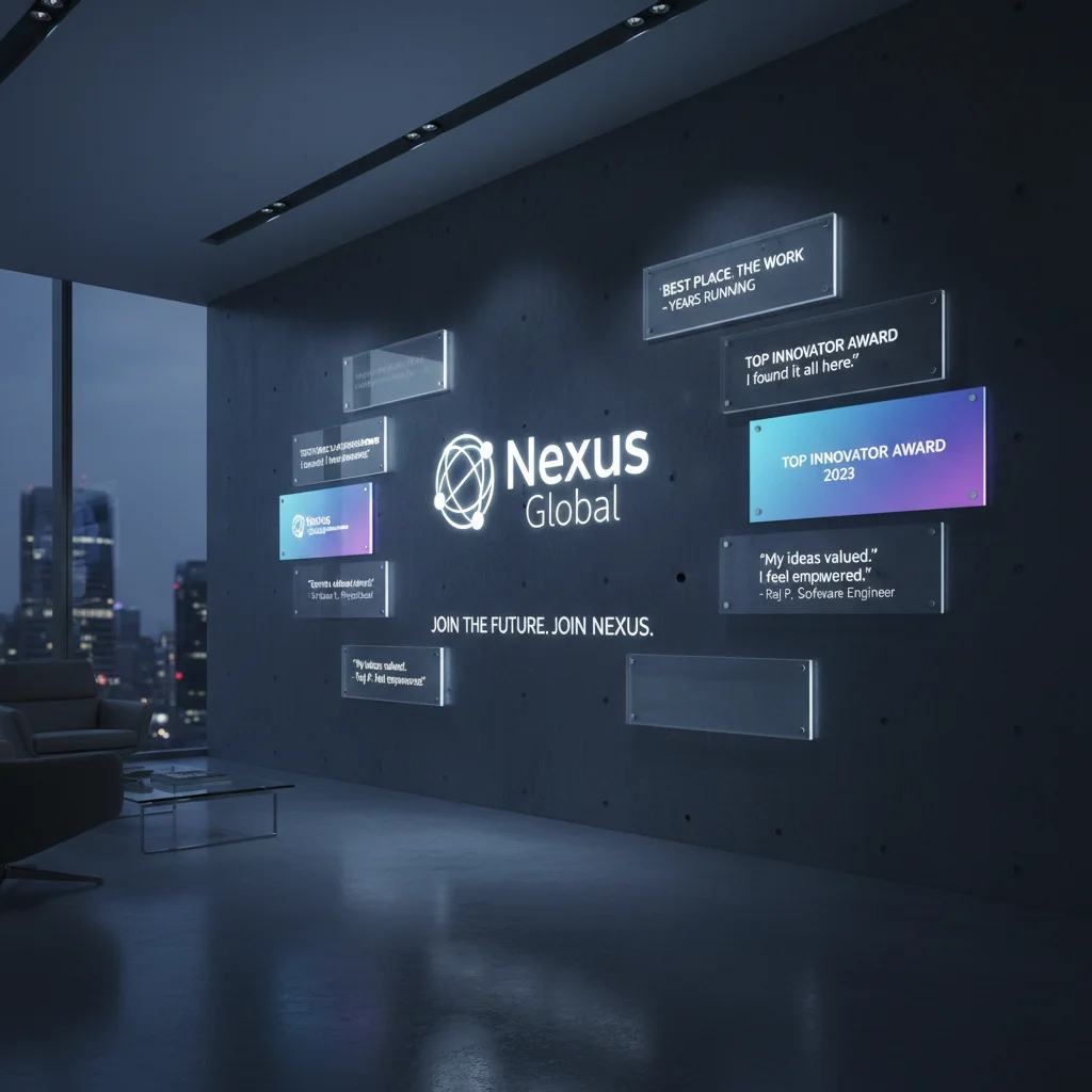 Strong employer brand represented by a glowing company logo and positive feedback, attracting top tech talent.