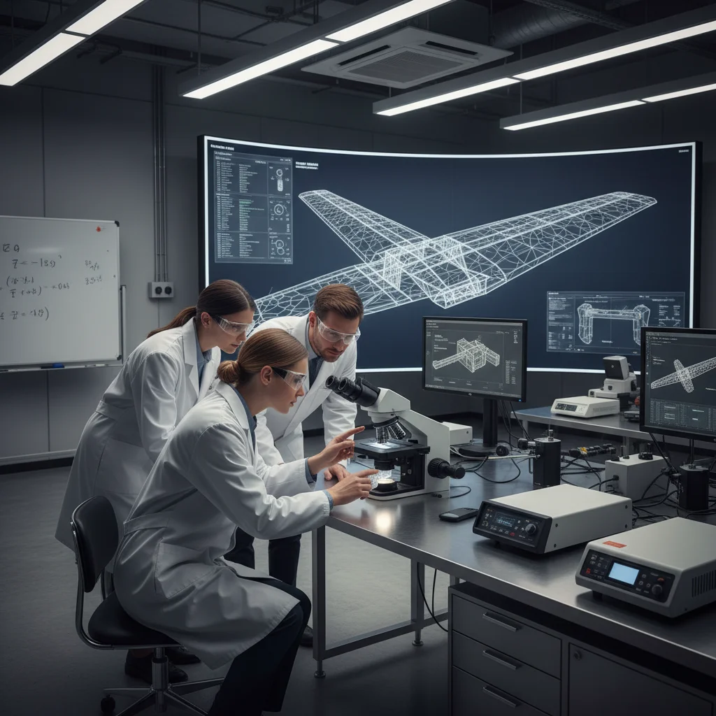 Engineers analyzing a novel composite material for manufacturing applications