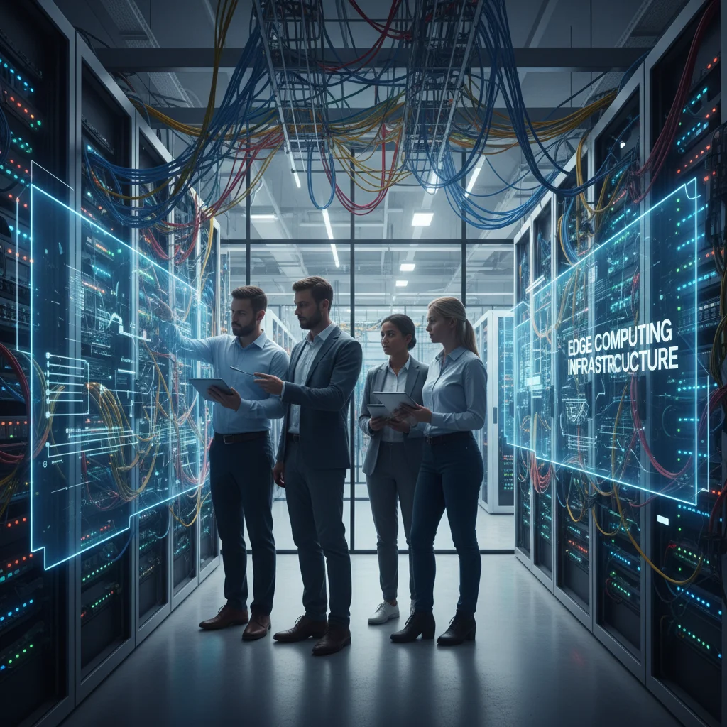 Engineers collaborating in a modern data center for edge computing