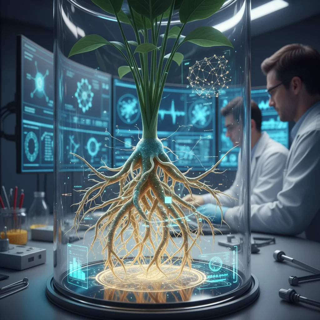 Scientists analyzing genetically enhanced plant roots in a laboratory for improved nutrient absorption and growth.