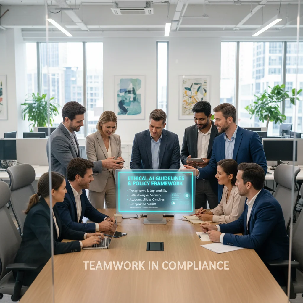 Team collaborating on ethical AI guidelines and compliance policies