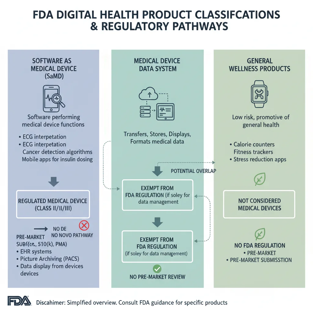 Infographic showing FDA classification pathways for various digital health products