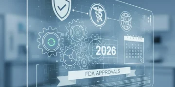 Illustration of digital health data flow with FDA compliance badges and a timeline leading to 2026