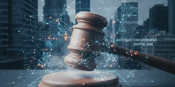 Gavel with digital overlay representing federal antitrust enforcement in 2026