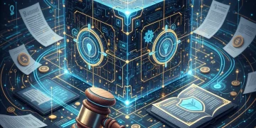 Secure digital vault protecting intellectual property with legal documents and a gavel, representing the Federal Trade Secrets Protection Act.