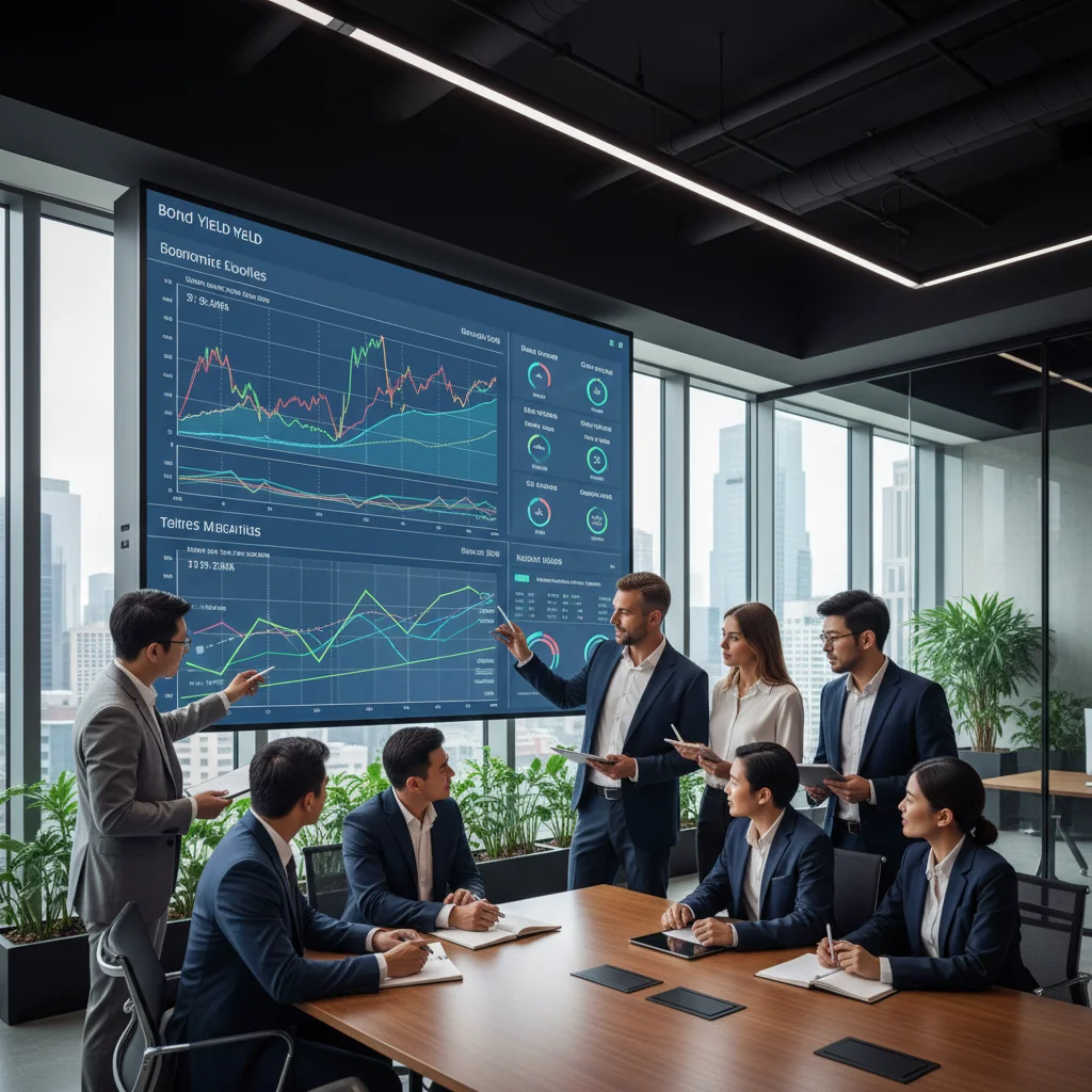 Financial analysts reviewing bond yield curves and economic data on a large screen.