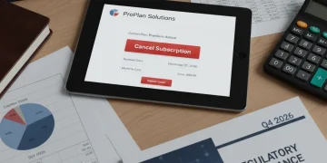 Tablet screen showing subscription options with a highlighted cancel button, financial documents, and a calendar, symbolizing FTC compliance and revenue management.