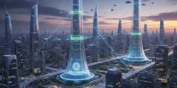 Futuristic cityscape with glowing 5G network towers and connected infrastructure