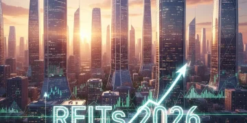 Futuristic cityscape with financial charts representing 2026 US REITs investment strategy.