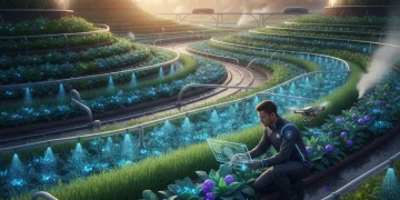 Futuristic farm with optimized crops and advanced technology, symbolizing synthetic biology's impact on agriculture.