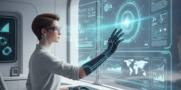 Futuristic person interacting with multiple emerging human interfaces in a smart environment.