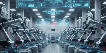 Futuristic US factory floor with Edge AI integration, robots, and data analytics displays.