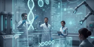 Scientists analyzing genomic sequencing data on futuristic screens in a modern laboratory, symbolizing healthcare innovation.