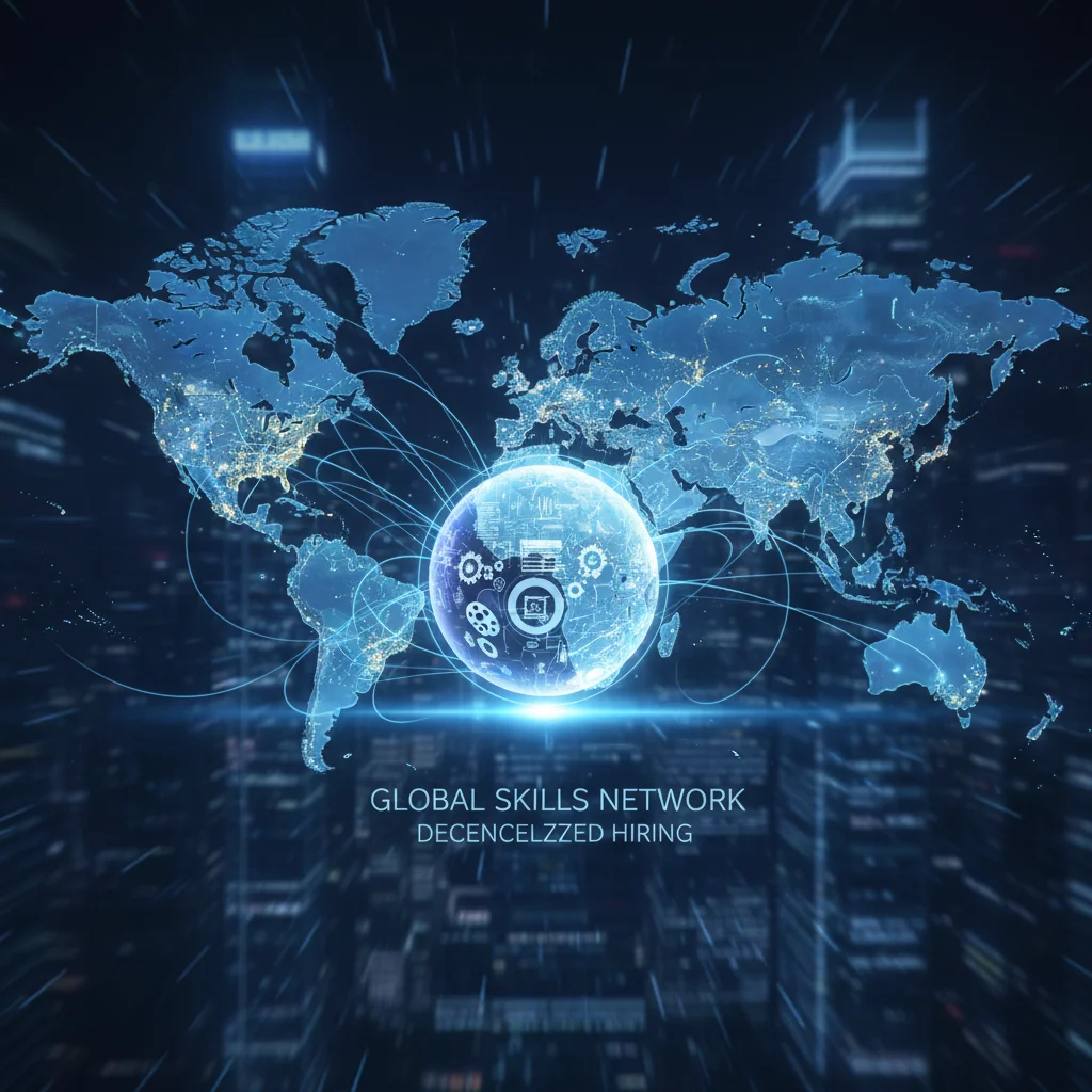 Global network illustrating decentralized skills-based hiring.