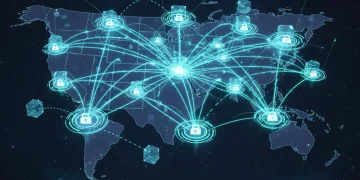 Global supply chain network with blockchain integration over US map