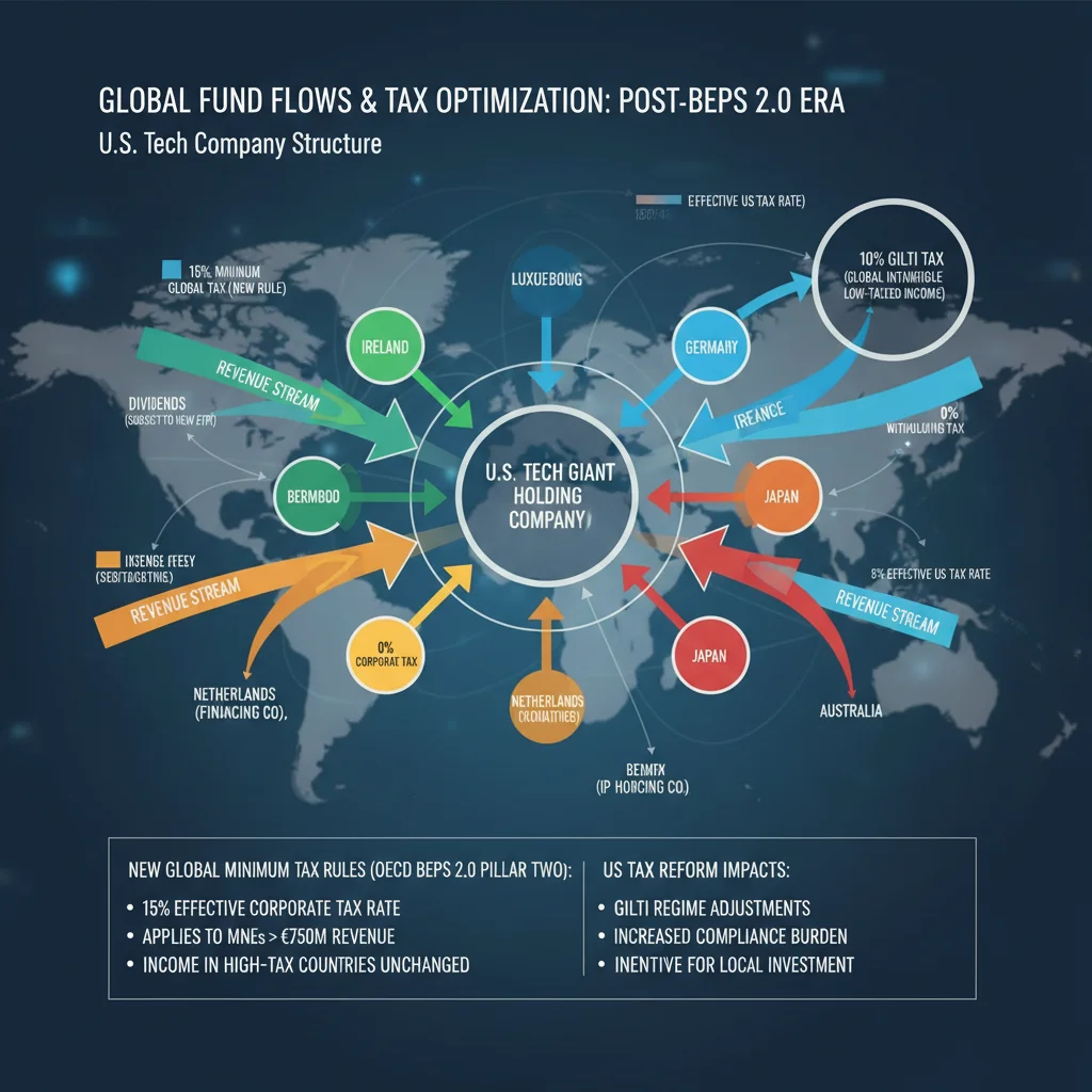 Infographic illustrating global tax implications and jurisdictional fund flows for tech companies.