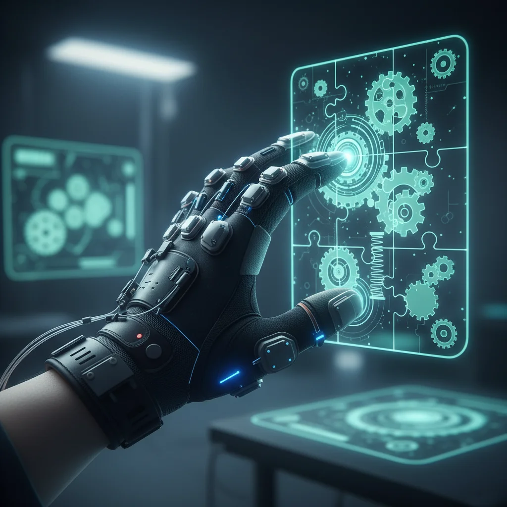 Hand with haptic feedback glove interacting with a holographic 3D object.