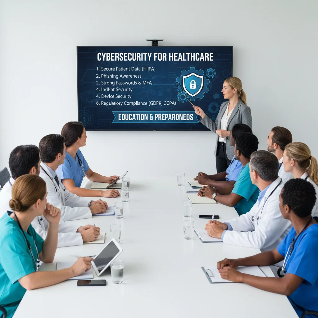 Healthcare professionals in a training session on cybersecurity and HIPAA compliance