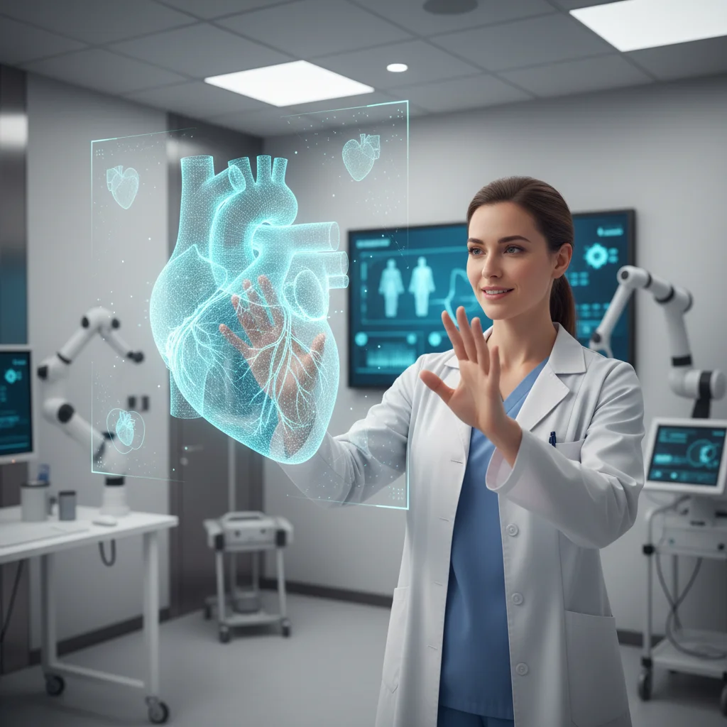 Healthcare professional examining a detailed 3D holographic human organ model.