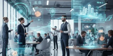 Business professionals interacting with holographic projections in a futuristic office setting.