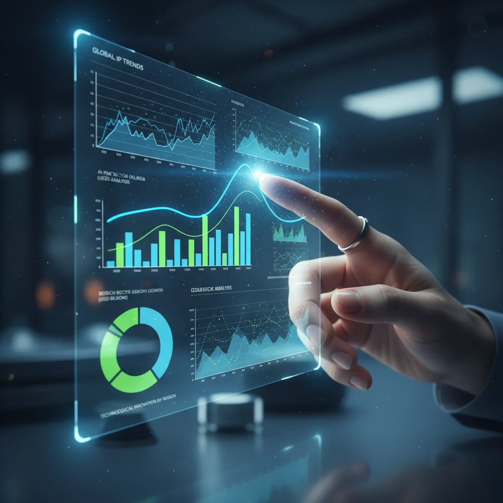 Hand interacting with holographic display showing patent data trends in AI and biotech.
