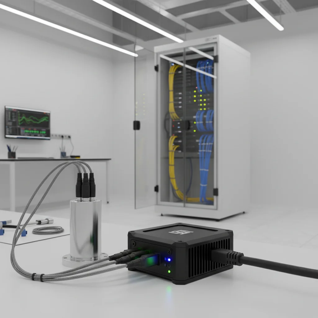 Industrial sensor and Edge AI device in a manufacturing environment, showing data flow.