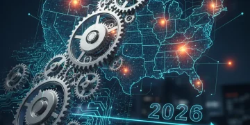 Interconnected gears and digital networks symbolizing strategic tech partnerships in the U.S.