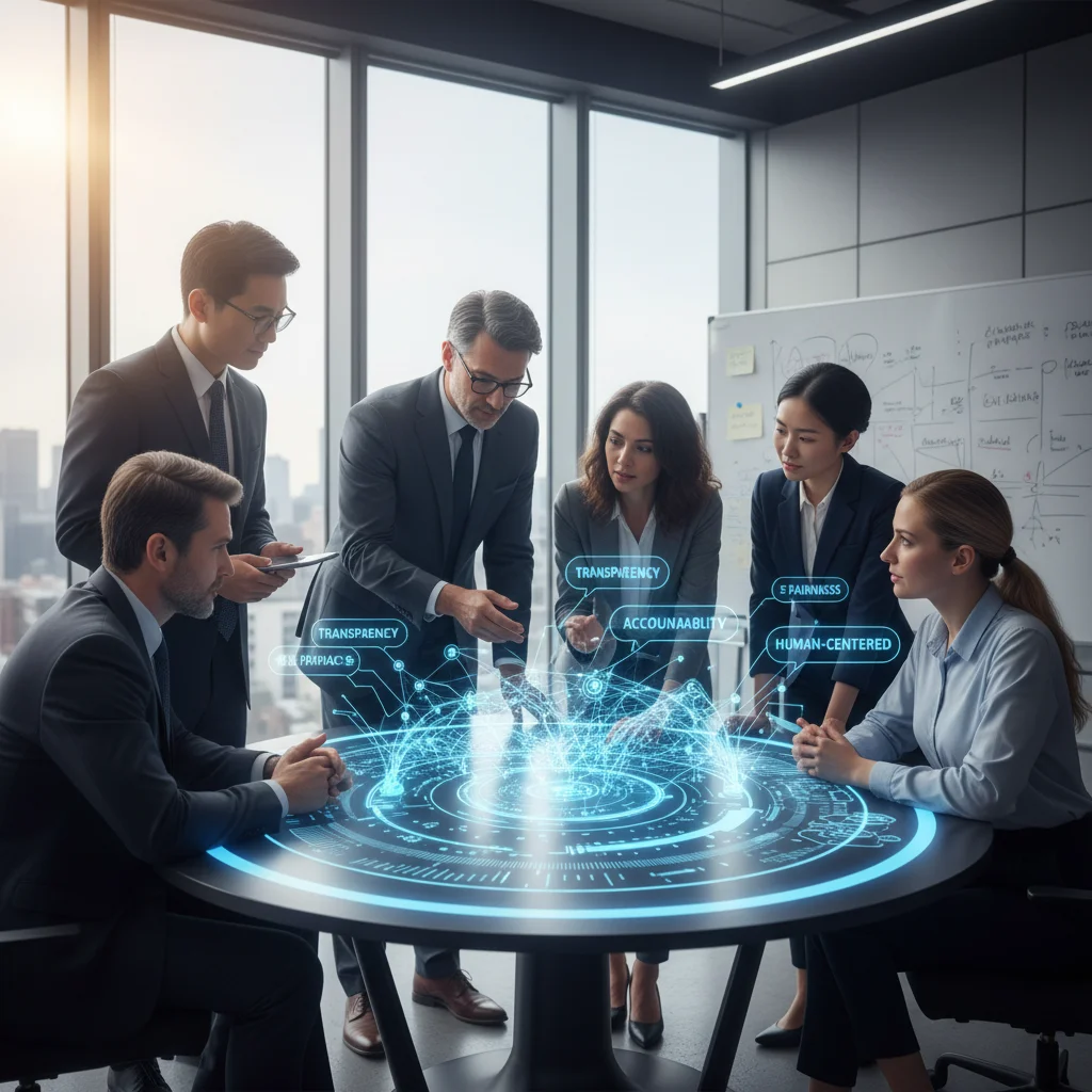 Diverse team collaborating on holographic AI ethics guidelines.