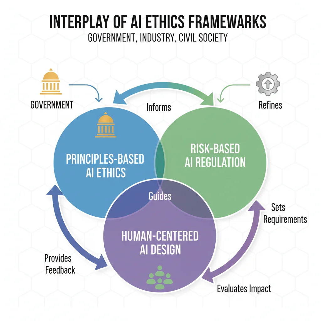 Diagram illustrating the interconnectedness of various AI ethics frameworks and their impact.