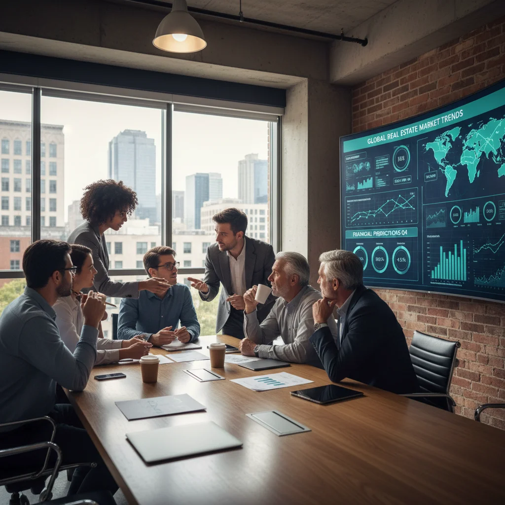 Investors analyzing real estate market data and financial projections for strategic planning.