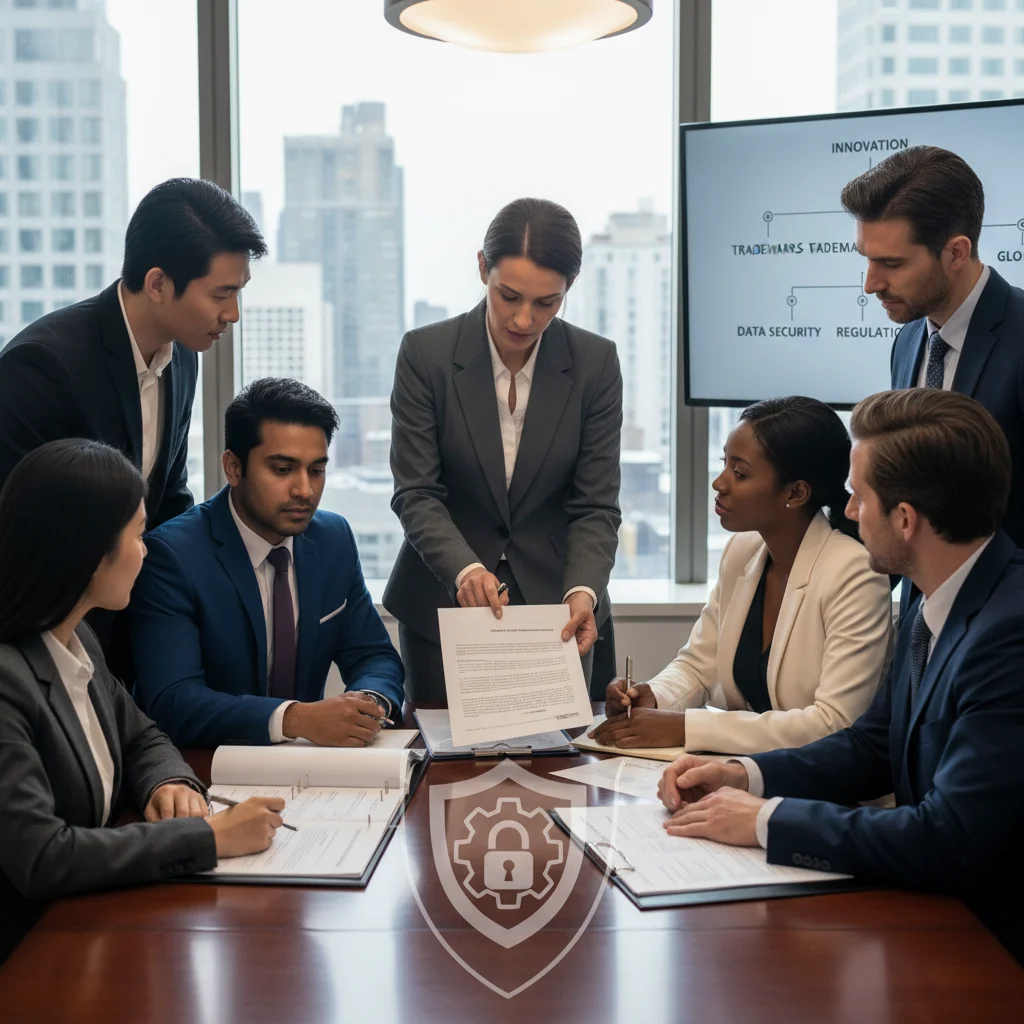 Business professionals and a lawyer discussing intellectual property protection and legal compliance in a boardroom.