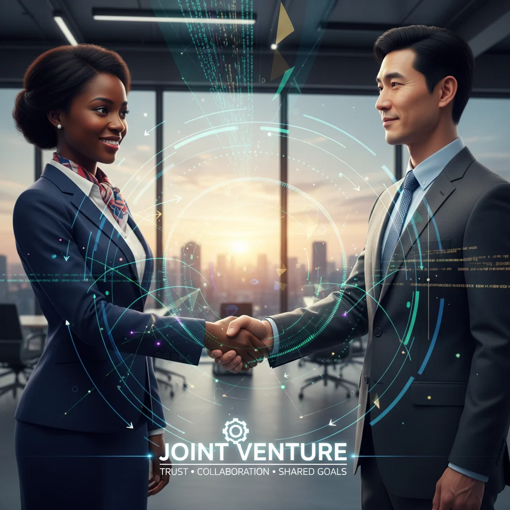 Business professionals shaking hands, symbolizing a successful joint venture in technology.