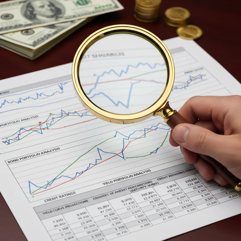 Close-up of a hand with a magnifying glass examining a financial report on bond investments.