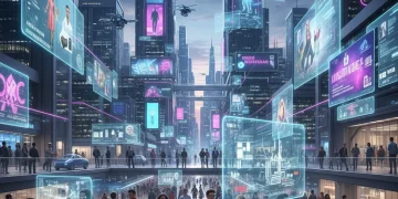 Futuristic cityscape with holographic interfaces and people interacting in the metaverse.