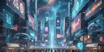 Futuristic metaverse city with digital avatars and holographic ads, representing economic opportunities.