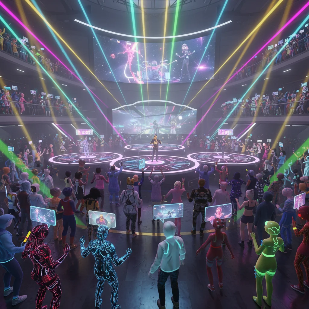 Diverse avatars enjoying a virtual concert in a metaverse environment.