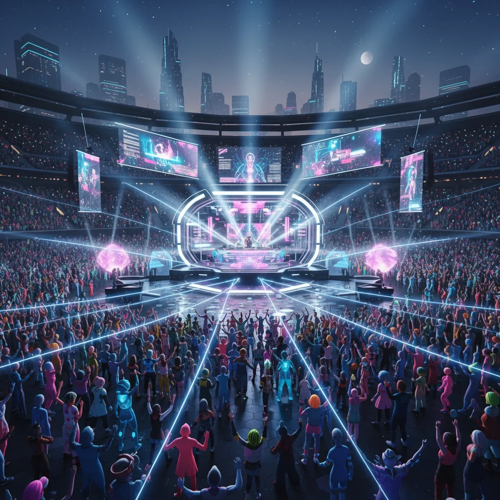Avatars enjoying a vibrant virtual concert in a metaverse arena with stunning visual effects.