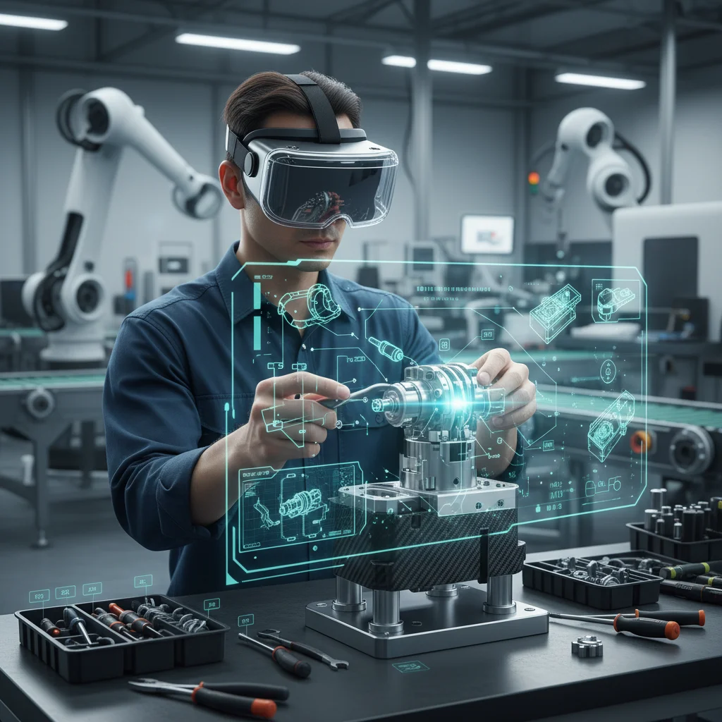 Engineer using mixed reality headset for holographic assembly instructions in a factory.