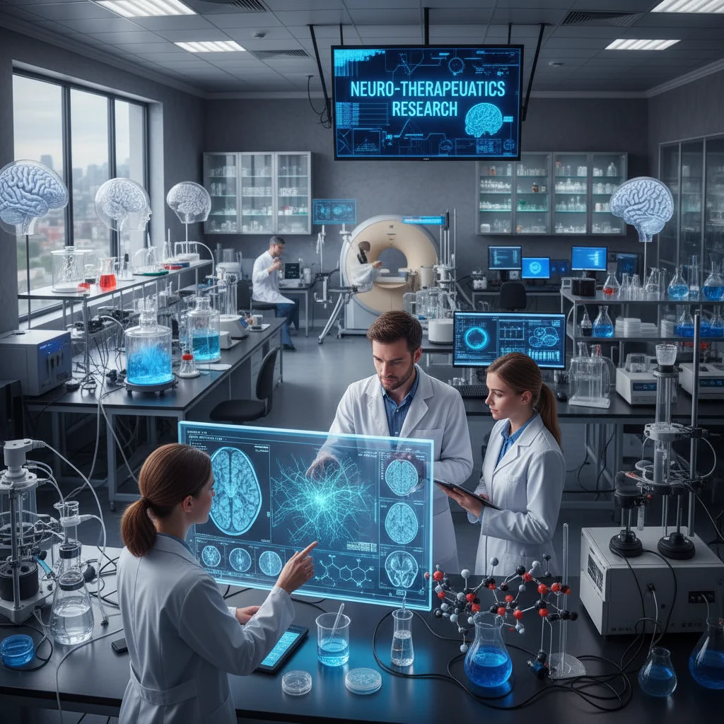 Scientists analyzing brain scans and molecular models in a lab