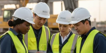 Safety professionals reviewing OSHA compliance checklist on tablet