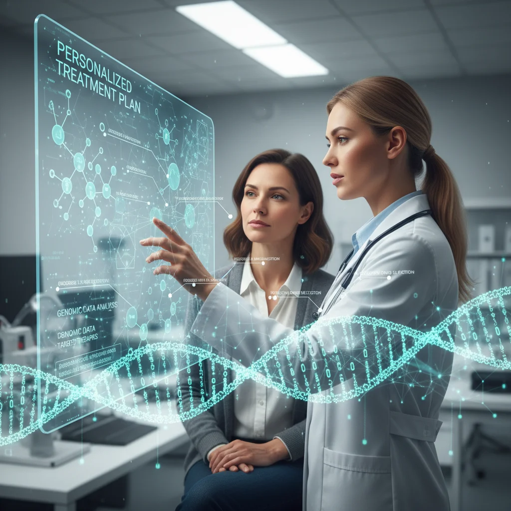 Doctor explaining personalized treatment plan based on genomic data to a patient.