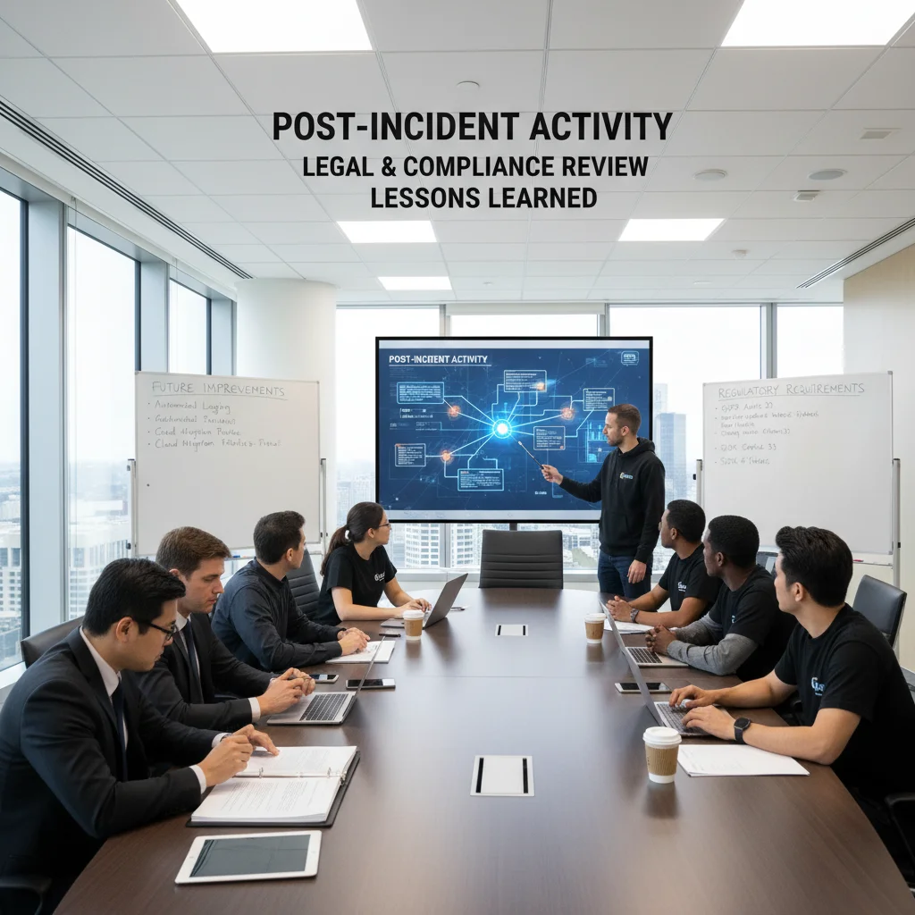 Legal and technical teams reviewing post-incident reports and compliance documents.