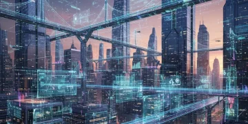 Futuristic smart city infrastructure with glowing data streams, representing predictive AI.